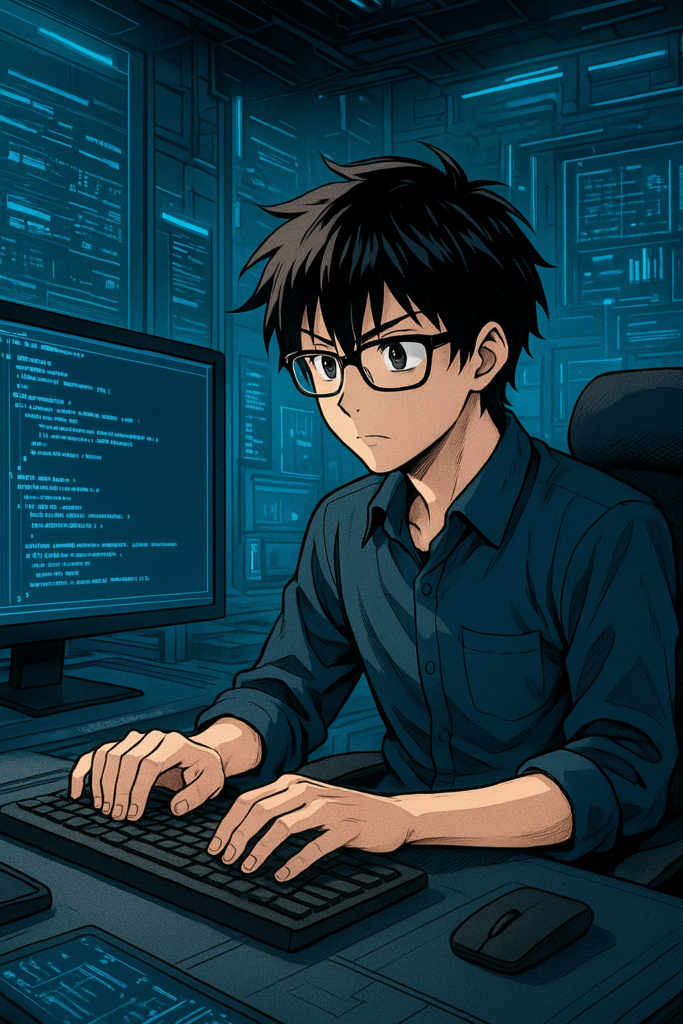 informaticien au travail dessiné style manga